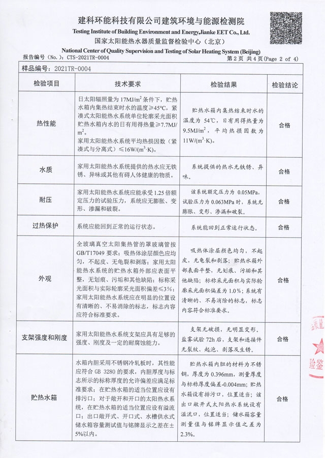 真空管型太陽能熱水器檢驗報告
